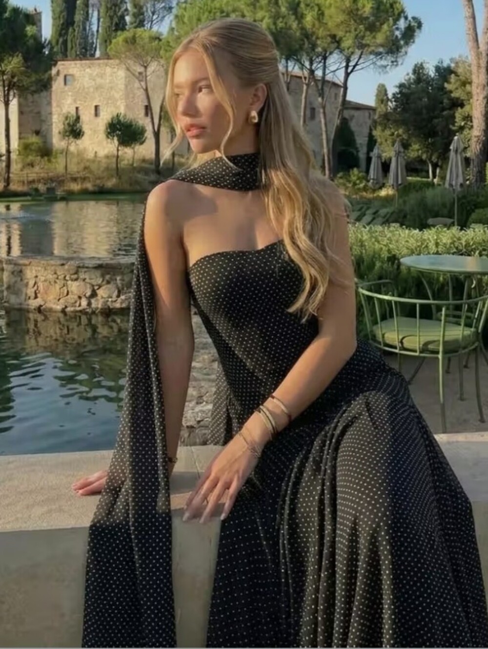 Cider Black Polka Dot Halter Neck Ruched Maxi Dress